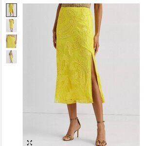 Lauren Ralph Lauren Yellow Beaded Mesh Midi Skirt Size 16